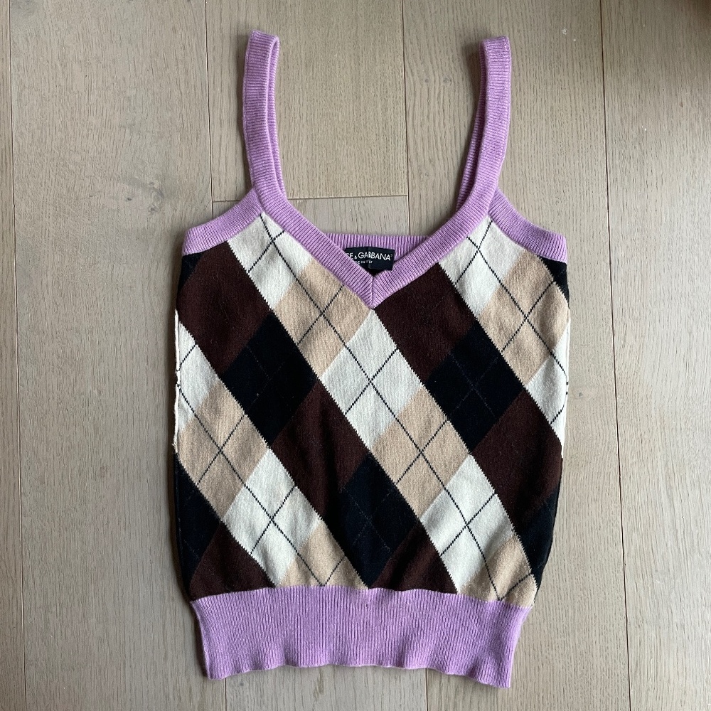 Dolce & Gabbana 100% Cashmere Vintage Vest Tank Top, IT 38, US 4, Small, Argyle